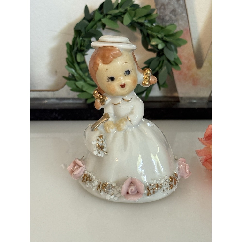 Vintage Lefton Girl with Pigtails Bell Figurine RARE White Gold Roses Tag New‎